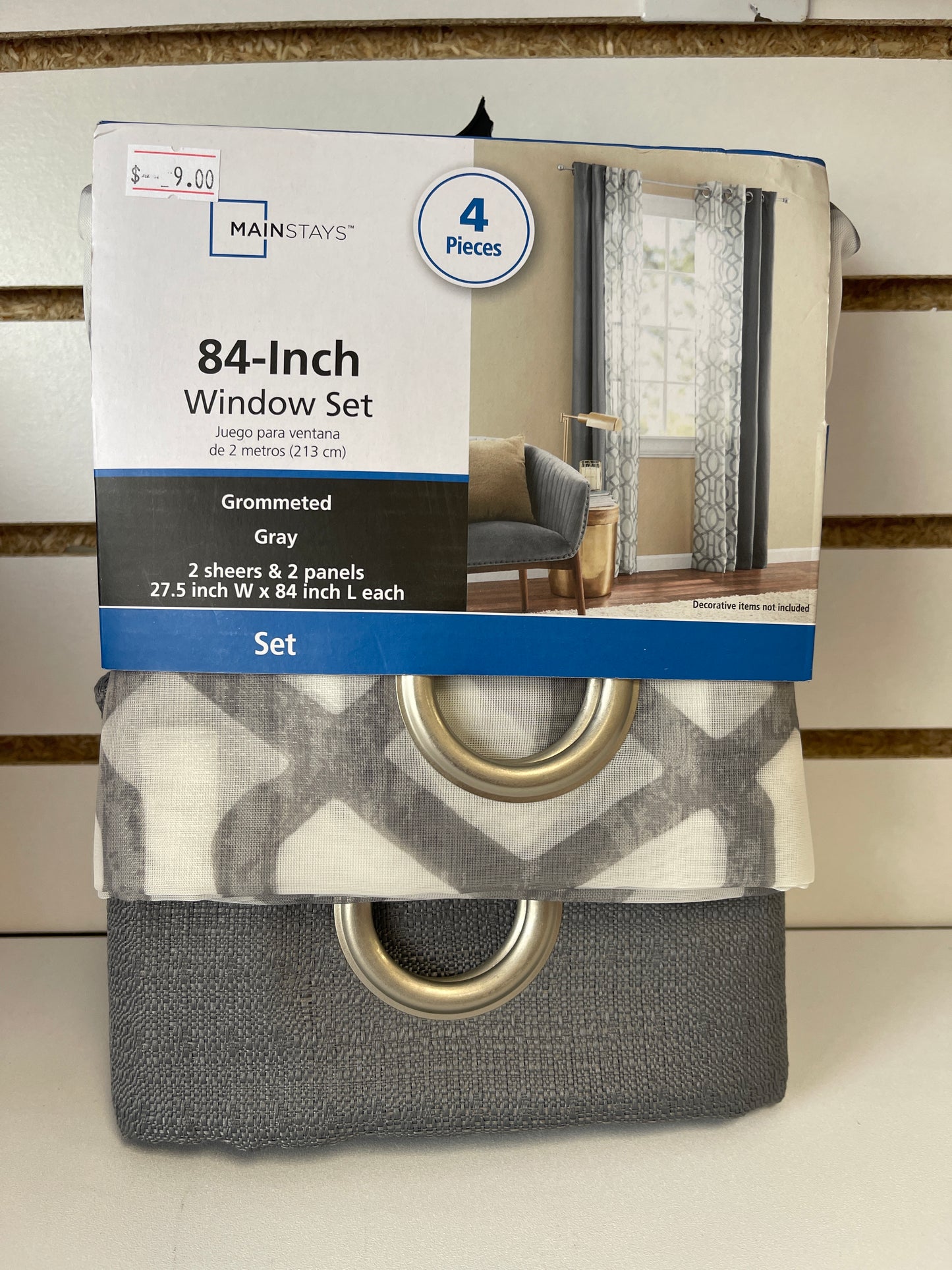 Mainstays Grommeted grey 84” window set fretwork/grey flannel